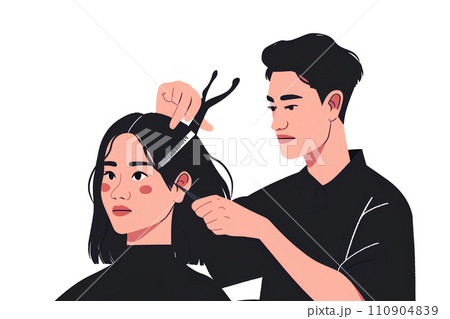 客のヘアカットをする美容師-1 110904839