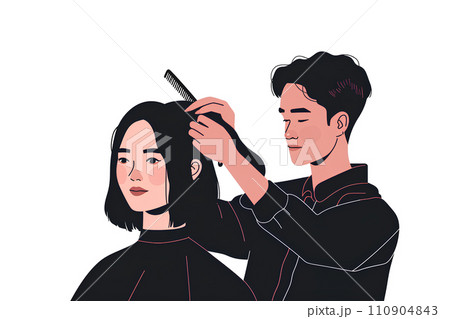 客のヘアカットをする美容師-1 110904843