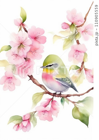 可愛い春の小鳥と桜の水彩画イラストアート（AI生成画像） 110905559