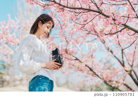 フィルムカメラで桜の写真を撮る若い女性 110905781