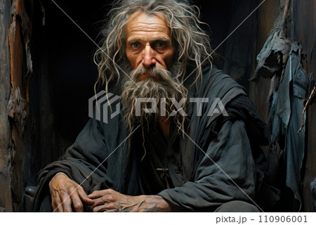 Sad homeless man is sitting on the street 110906001