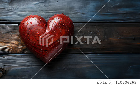 A bright red heart on old wood symbolize timeless love. Even though it's old, it still looks fresh. There's a copy space on the right for adding text for Valentine's Day or wedding presentations. 110906265