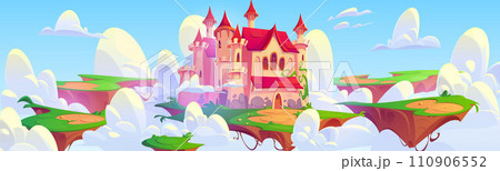 Magic castle floating on ground platform in sky Magic castle floating on ground platform in sky 110906552