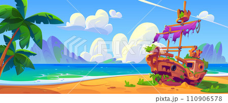 Wrecked ship on tropical island 110906578