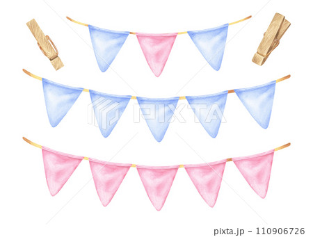 Garland Set Watercolor illustration. Hand drawn clip art on white isolated background. Drawing of blue and pink pennant with clothespins. Painting of party flags for design of cards and invitations Garland Set Watercolor illustration. Hand drawn clip art on white isolated background. Drawing of blue and pink pennant with clothespins. Painting of party flags for design of cards and invitations 110906726