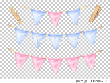 Garland Set Watercolor illustration. Hand drawn clip art on white isolated background. Drawing of blue and pink pennant with clothespins. Painting of party flags for design of cards and invitations Garland Set Watercolor illustration. Hand drawn clip art on white isolated background. Drawing of blue and pink pennant with clothespins. Painting of party flags for design of cards and invitations 110906726