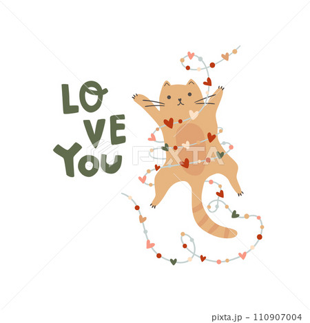 Romantic cat for Valentines day card with garland from hearts. Text love you Vector funny kitty illustration 110907004
