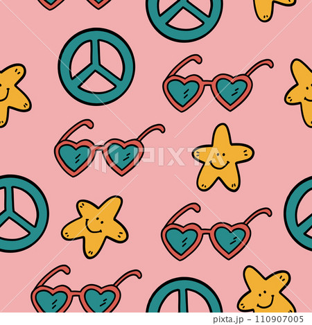 Vintage groovy pattern with hippie and glasses Vintage groovy pattern with hippie and glasses 110907005