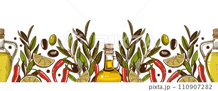 A horizontal border with olive branches, bottles of oil, red hot pepper. Isolated on a white background. A horizontal border with olive branches, bottles of oil, red hot pepper. Isolated on a white background. 110907282