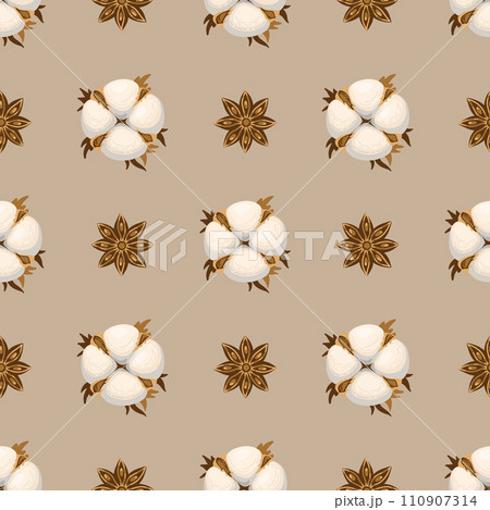Seamless pattern with cotton bolls and star anise. Monochrome pattern in beige tones. Vector illustration. 110907314