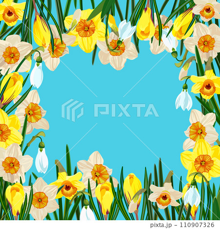Square floral frame frame with daffodils, snowdrops, crocuses. 110907326