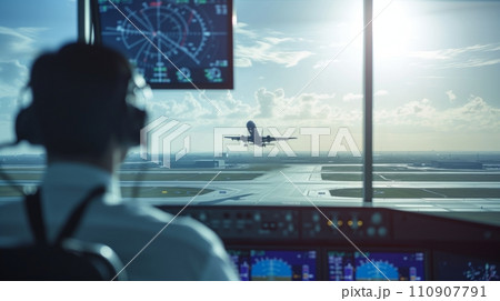 管制塔から離陸中の旅客機を監視する管制官：AI作品 110907791
