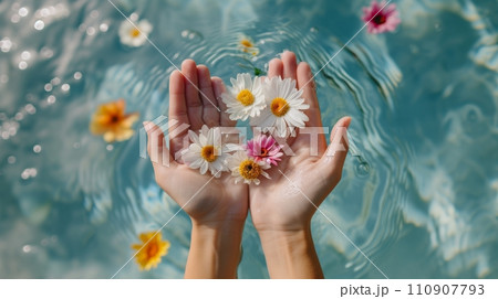 水に浮かんだ花を手ですくいとる：AI作品 110907793