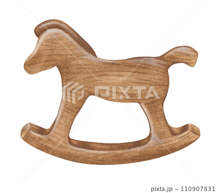Rocking Horse Watercolor illustration. Hand drawn clip art on white isolated background. Drawing of Wooden vintage riding pony. Baby toy painting for cards and invitations 110907831