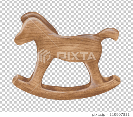 Rocking Horse Watercolor illustration. Hand drawn clip art on white isolated background. Drawing of Wooden vintage riding pony. Baby toy painting for cards and invitations 110907831