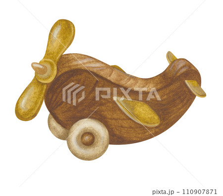 Airplane Watercolor illustration. Hand drawn clip art on white isolated background. Drawing of vintage wooden kid Toy. Painting of plane for designing invitation, baby shower card, printing 110907871