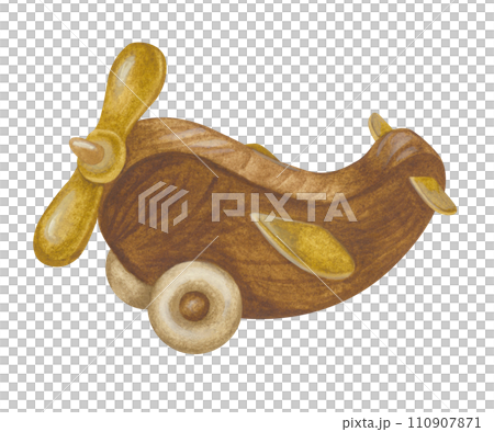 Airplane Watercolor illustration. Hand drawn clip art on white isolated background. Drawing of vintage wooden kid Toy. Painting of plane for designing invitation, baby shower card, printing Airplane Watercolor illustration. Hand drawn clip art on white isolated background. Drawing of vintage wooden kid Toy. Painting of plane for designing invitation, baby shower card, printing 110907871