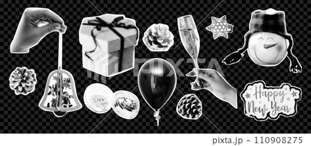 Happy New Year and Merry Christmas halftone style collage elements. Balloons, champagne, gift, snowman, bump, disco ball. Trendy vector illustration Happy New Year and Merry Christmas halftone style collage elements. Balloons, champagne, gift, snowman, bump, disco ball. Trendy vector illustration 110908275