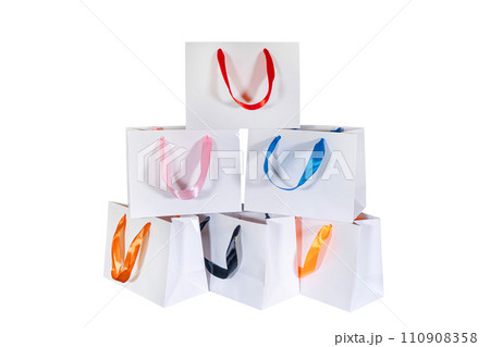 Recyclable craft paper bag for purchases, gifts and takeaway food mock up on white background. Environmentally friendly than single-use plastic bags Recyclable craft paper bag for purchases, gifts and takeaway food mock up on white background. Environmentally friendly than single-use plastic bags 110908358