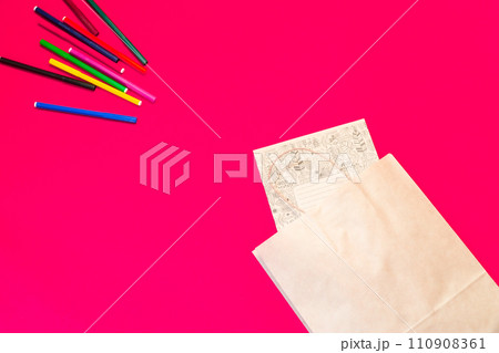 Top view brown paper shopping bag on colourful background, Mock-up of blank brown paper shopping bag and copy space. Flat lay. 110908361