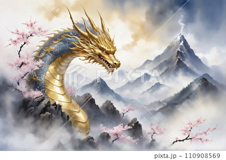 金龍と桜の山の水彩画開運イラストアート（AI生成画像） 110908569