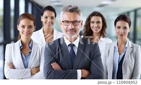 AI-generated content. businessman with his team posing together in a office AI-generated content. businessman with his team posing together in a office 110908952