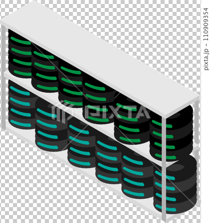 Isometric image material of a warehouse loaded with many tires 110909354