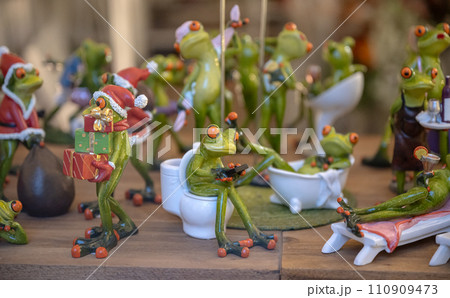 Set of decoration ceramic frogs in various funny poses for home and garden 110909473