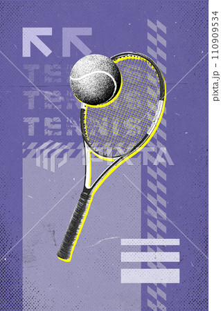 Tennis ball and racked against purple background with abstract elements. Modern design. 110909534
