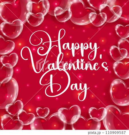 Valentines Day Poster with transparent glass hearts. Glossy soap bubble 3d heart on red background with glitter. Copy Space. 110909587