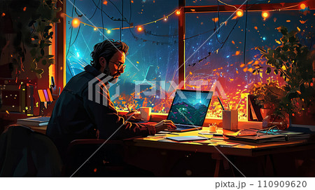 【AI生成画像・AIイラスト】明るい照明、イルミネーションと仕事をする男性 【AI生成画像・AIイラスト】明るい照明、イルミネーションと仕事をする男性 110909620