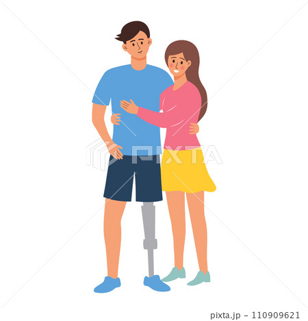 Love couple hugging. Disabled man with a prosthetic leg and woman supports him. Happy handicap family. 110909621