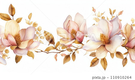 Watercolor magnolia flowers isolated on white background, gold leaves Watercolor magnolia flowers isolated on white background, gold leaves 110910264