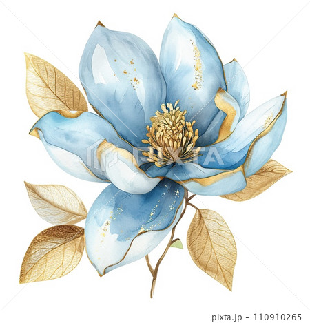 Watercolor flower light blue magnolia with gold leaves Watercolor flower light blue magnolia with gold leaves 110910265