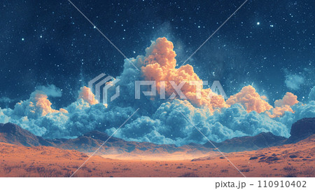 【AI生成画像・AIイラスト】巨大な雲と抱える星空、広がる荒野の景色 110910402