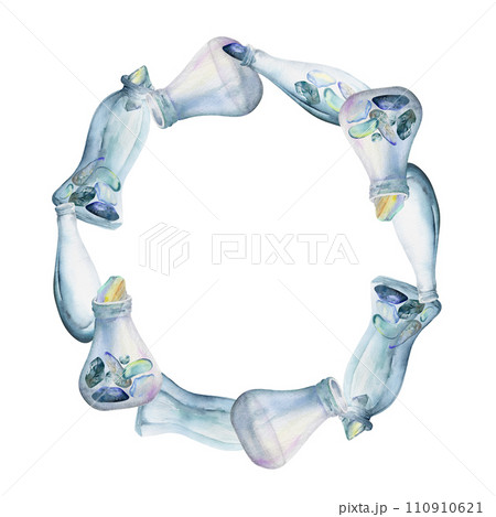 Hand drawn watercolor illustration sea witch altar objects. Glass vials bottles, empty and with precious stones. Wreath frame isolated on white background. Design print, shop, magic, alchemy, medicine 110910621