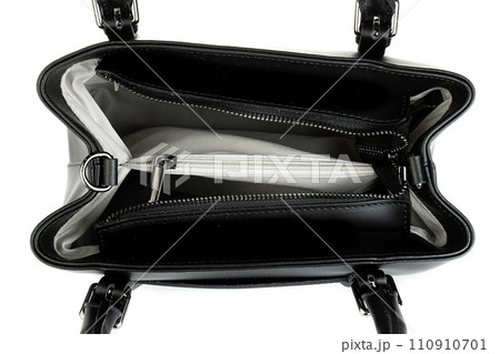 top view of open empty women lady bag isolated on white background 110910701