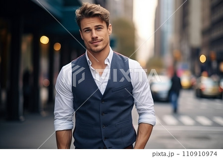 Portrait of a handsome young man in a business suit standing in the city. 110910974