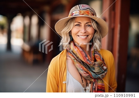 Portrait of a beautiful mature woman wearing hat and colorful scarf outdoor. Portrait of a beautiful mature woman wearing hat and colorful scarf outdoor. 110910991