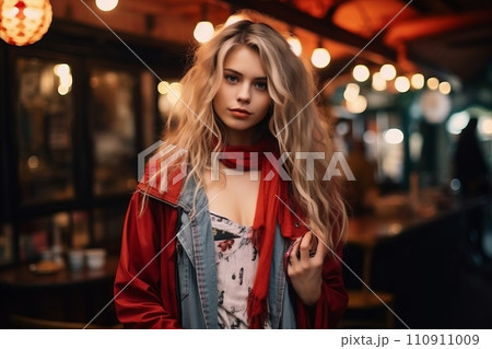 Portrait of beautiful young woman with long blond hair in red coat. 110911009