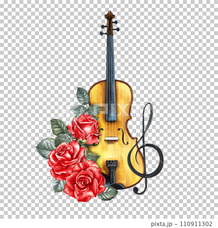 A violin decorated with red roses and a treble clef. The watercolor illustration is hand-drawn. For posters, flyers and invitation cards. For banners and postcards, logos, badges, stickers and prints. A violin decorated with red roses and a treble clef. The watercolor illustration is hand-drawn. For posters, flyers and invitation cards. For banners and postcards, logos, badges, stickers and prints. 110911302