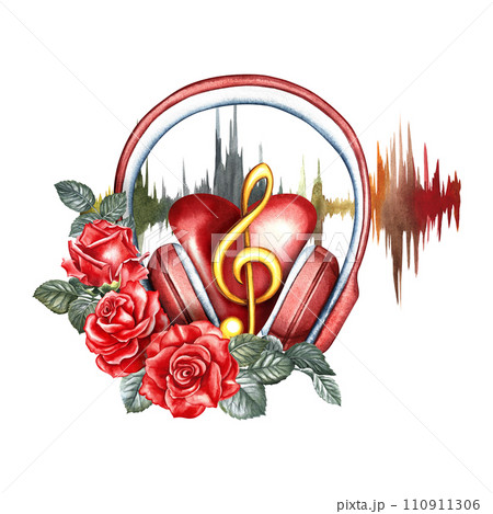 A heart in the headphones at the frequency of the audio signal. The watercolor illustration is hand-drawn. For posters, flyers and invitation cards. For postcards, logos, badges, stickers and prints. 110911306
