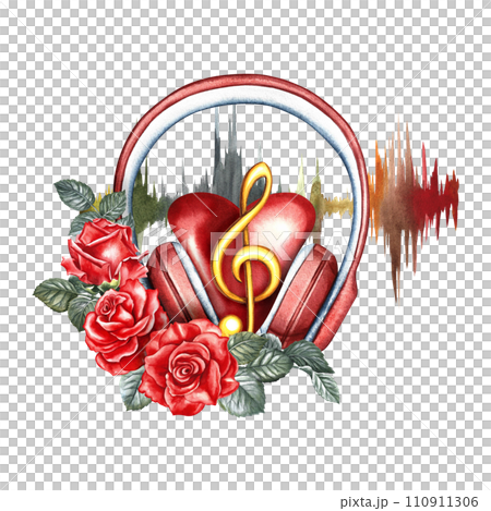 A heart in the headphones at the frequency of the audio signal. The watercolor illustration is hand-drawn. For posters, flyers and invitation cards. For postcards, logos, badges, stickers and prints. 110911306