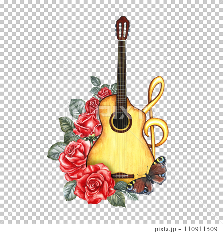 A guitar decorated with red roses, a treble clef and a butterfly. The watercolor illustration is hand-drawn.. For posters, flyers and invitation cards. For postcards, logos, badges, sticker and print 110911309