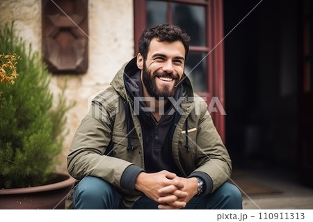 Portrait of a handsome man with a beard sitting on a bench. 110911313