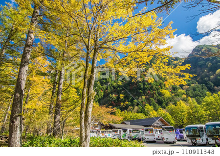 《秋の上高地》観光バスで満車の駐車場 110911348