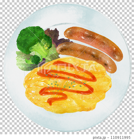 一盤炒蛋、香腸和青花菜,水彩畫 一盤炒蛋、香腸和青花菜,水彩畫 110911995