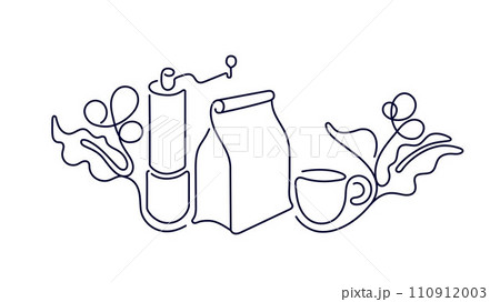 Coffee cup, mill and raw beans Abstract art symbol 110912003