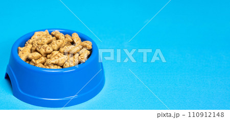 A treat for cats and kittens is a fish-shaped catnip cookie in a blue bowl, copy space for text. 110912148