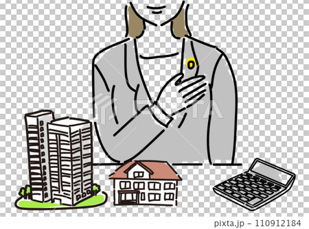 胸に手をあてる女性不動産鑑定士のシンプル線画 110912184